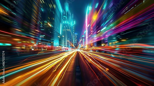 High-speed urban traffic on a city street during evening rush hour, with car headlights and busy night transport captured through motion blur lighting effects and abstract long exposure photography.