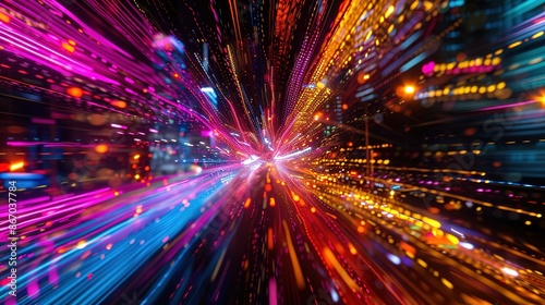 High-speed urban traffic on a city street during evening rush hour, with car headlights and busy night transport captured through motion blur lighting effects and abstract long exposure photography.