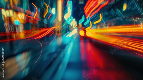 High-speed urban traffic on a city street during evening rush hour, with car headlights and busy night transport captured through motion blur lighting effects and abstract long exposure photography.