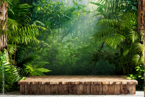  Background podium jungle product platform 3D green wood display pedestal. Background podium jungle tree nature leaf tropical cosmetic summer forest plant garden stage water presentation stone table. 