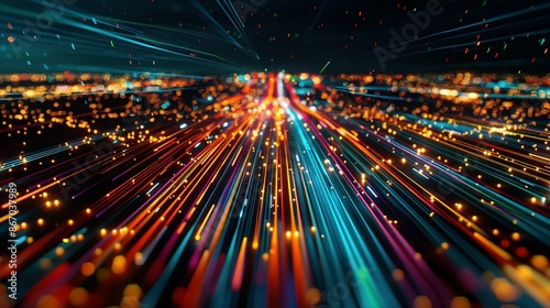 High-speed urban traffic on a city street during evening rush hour, with car headlights and busy night transport captured through motion blur lighting effects and abstract long exposure photography.