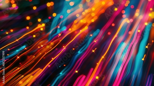 High-speed urban traffic on a city street during evening rush hour, with car headlights and busy night transport captured through motion blur lighting effects and abstract long exposure photography.