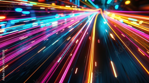 High-speed urban traffic on a city street during evening rush hour, with car headlights and busy night transport captured through motion blur lighting effects and abstract long exposure photography.