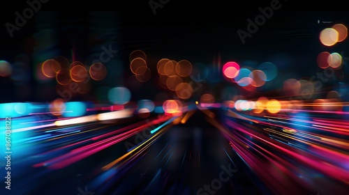 High-speed urban traffic on a city street during evening rush hour, with car headlights and busy night transport captured through motion blur lighting effects and abstract long exposure photography.
