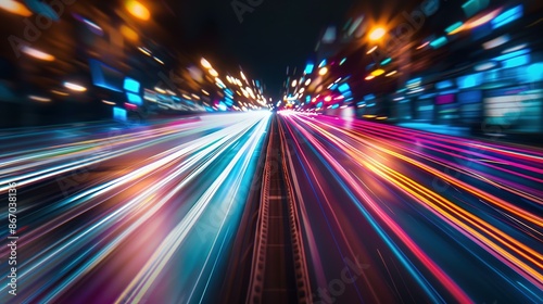 High-speed urban traffic on a city street during evening rush hour, with car headlights and busy night transport captured through motion blur lighting effects and abstract long exposure photography.