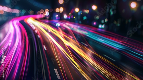 High-speed urban traffic on a city street during evening rush hour, with car headlights and busy night transport captured through motion blur lighting effects and abstract long exposure photography.