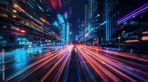 High-speed urban traffic on a city street during evening rush hour, with car headlights and busy night transport captured through motion blur lighting effects and abstract long exposure photography.