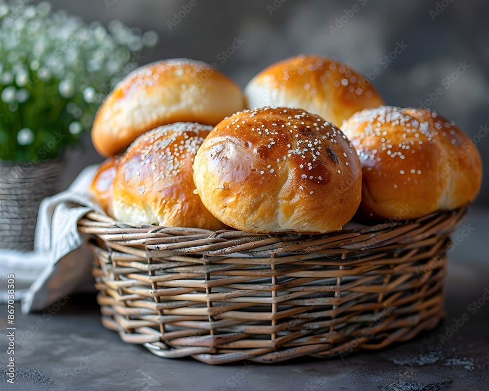 Freshly Baked Dinner Rolls in a Woven Basket Warm and Ready to Serve Bakery Concept Freshly Baked Dinner Rolls in a Woven Basket Warm and Ready to Serve Bakery Concept