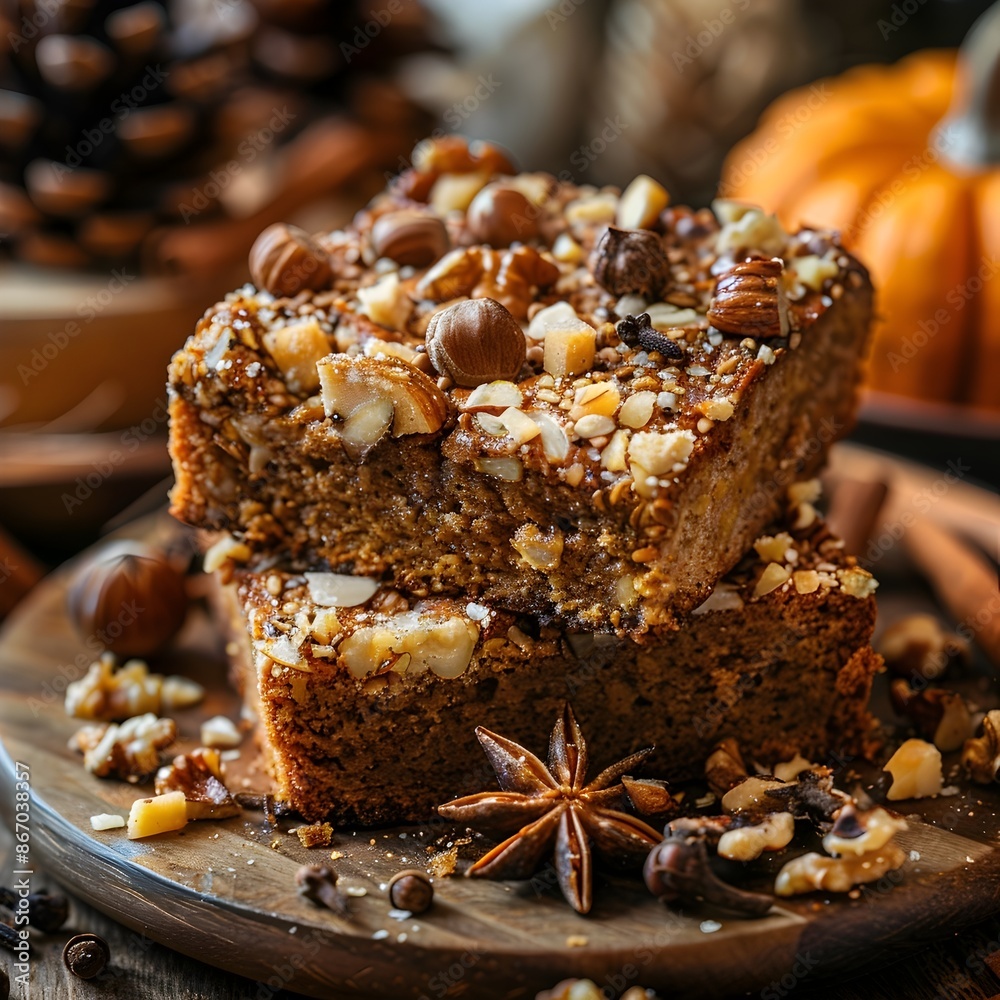 Warm Slice of Pumpkin Bread with Spices and Nuts Baked Pastries Concept Warm Slice of Pumpkin Bread with Spices and Nuts Baked Pastries Concept