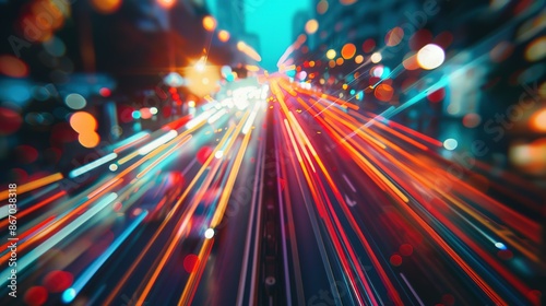 High-speed urban traffic on a city street during evening rush hour, with car headlights and busy night transport captured through motion blur lighting effects and abstract long exposure photography.