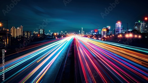 High-speed urban traffic on a city street during evening rush hour, with car headlights and busy night transport captured through motion blur lighting effects and abstract long exposure photography.