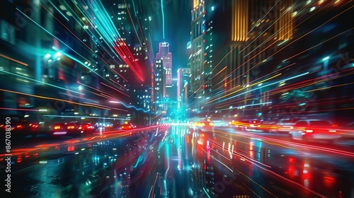 High-speed urban traffic on a city street during evening rush hour, with car headlights and busy night transport captured through motion blur lighting effects and abstract long exposure photography.