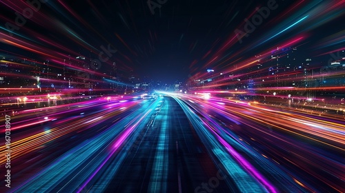 High-speed urban traffic on a city street during evening rush hour, with car headlights and busy night transport captured through motion blur lighting effects and abstract long exposure photography.