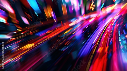 High-speed urban traffic on a city street during evening rush hour, with car headlights and busy night transport captured through motion blur lighting effects and abstract long exposure photography.