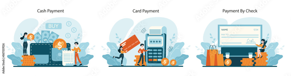 Traditional and digital options visualized through cash, card swipes, and checks Traditional and digital options visualized through cash, card swipes, and checks
