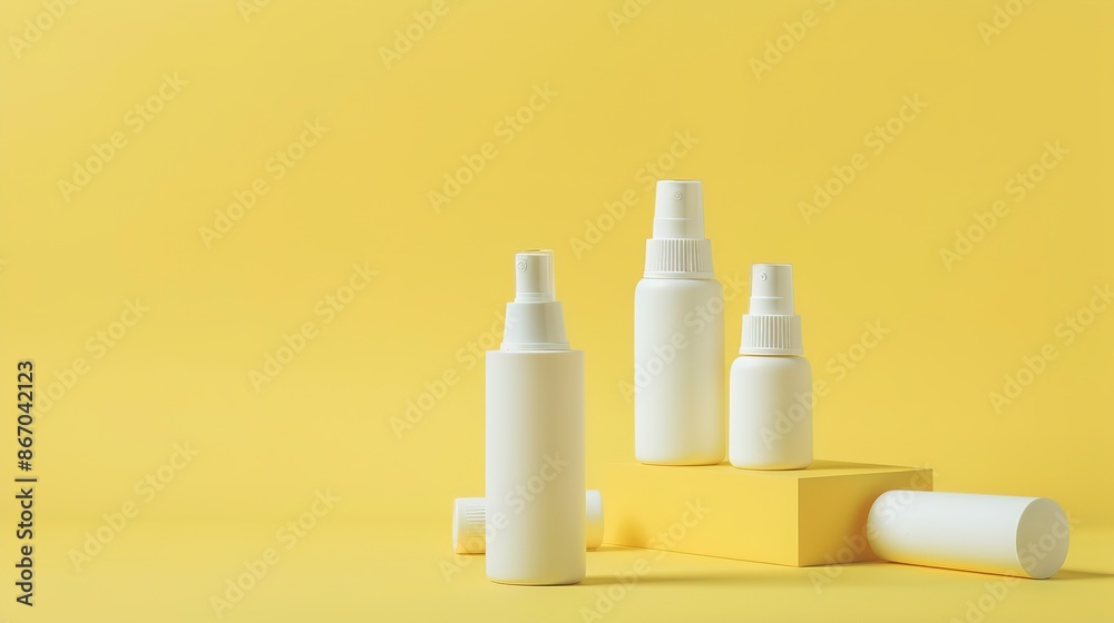 group of cosmetic bottles in solid color group of cosmetic bottles in solid color