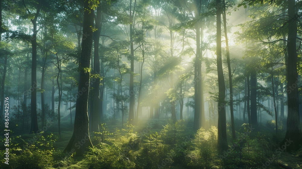 Sunbeams illuminate a misty forest at dawn, creating a magical and serene atmosphere. Generative AI Sunbeams illuminate a misty forest at dawn, creating a magical and serene atmosphere. Generative AI