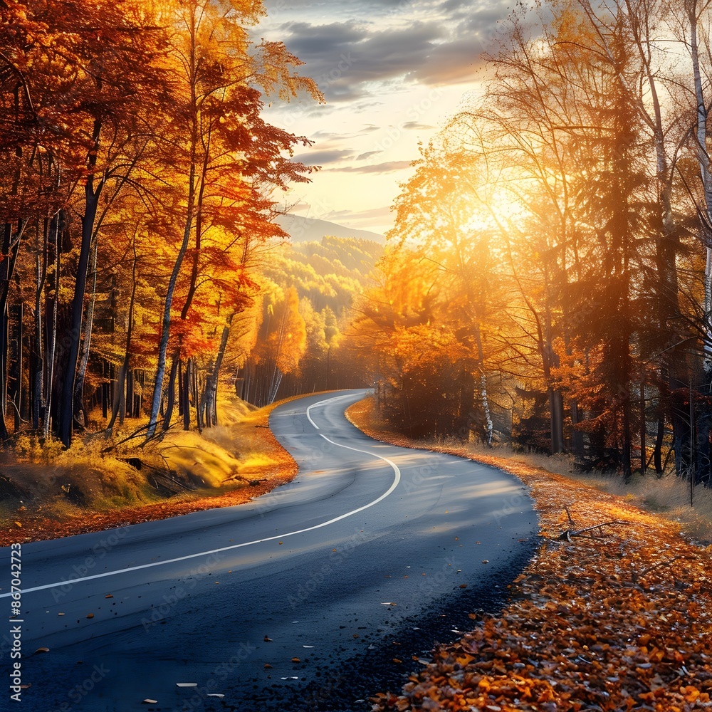 Scenic Autumn Landscape with Winding Mountain Road Through Colorful Foliage and Warm Sunlight Scenic Autumn Landscape with Winding Mountain Road Through Colorful Foliage and Warm Sunlight