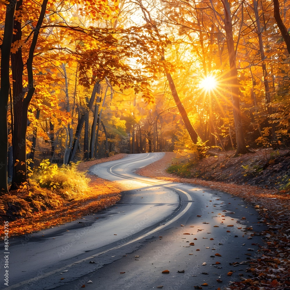 Fototapeta premium Scenic Autumn Winding Road Through Vibrant Foliage and Warm Sunlight