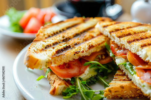 close up sandwich on the dish with plain backgrounds