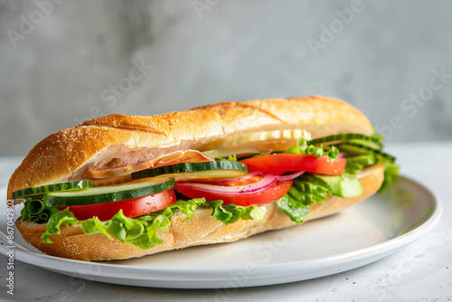 close up sandwich on the dish with plain backgrounds