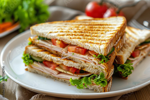 close up sandwich on the dish with plain backgrounds