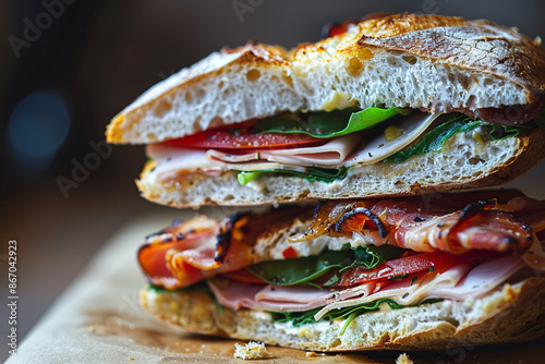 close up sandwich on the dish with plain backgrounds