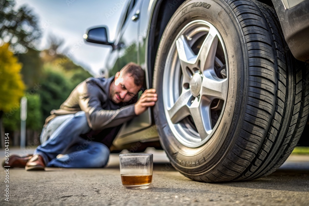 A man is kneeling on the ground next to a car with a tire that is flat A man is kneeling on the ground next to a car with a tire that is flat