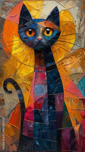 An abstract cat with acrylic style painting and vibrant colors. 