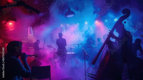 neonlit jazz club interior silhouetted musicians on stage swirling smoke and abstract musical notes