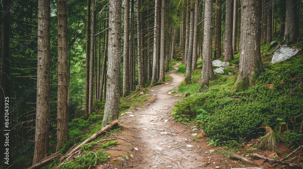 Hiking path through forested backdrop Hiking path through forested backdrop