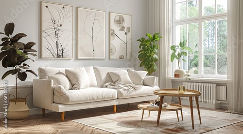 Elegant Minimalist Modern Living Room Interior with Wooden Furniture and Natural Light