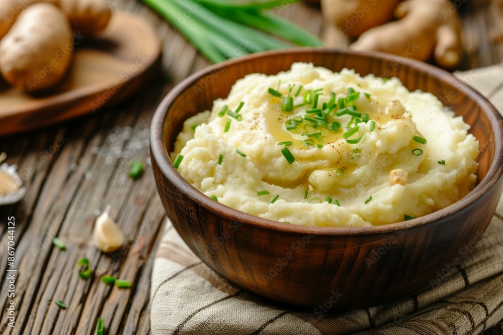 Bowl of mashed potatoes garnished with chives and butter on rustic wooden table Bowl of mashed potatoes garnished with chives and butter on rustic wooden table