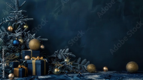 opulent christmas still life midnight blue velvet backdrop with goldrimmed navy ornaments shimmering gift boxes and delicate fir branches dusted with iridescent snow photo