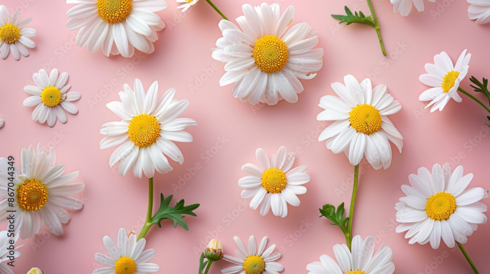 White daisies arranged on pastel pink background. Floral pattern and minimal aesthetic for feminine design and spring decoration. White daisies arranged on pastel pink background. Floral pattern and minimal aesthetic for feminine design and spring decoration.