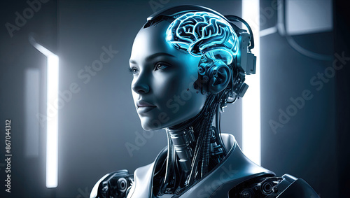 ai generative, female cyborg with mechanisms and wires in head, digital technological as a background