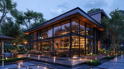 Modern, luxurious restaurant exterior with large windows illuminated at twilight, surrounded by lush greenery and patio seating. Concepts. dining, architecture, ambiance, fine dining