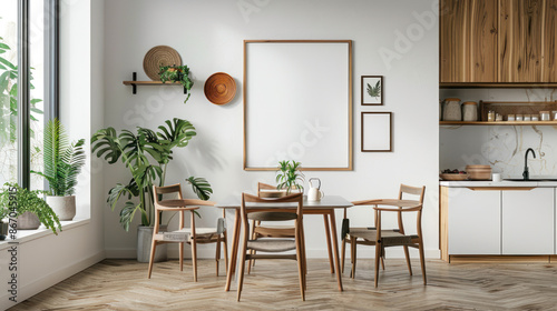 Modern, minimalist dining room interior with wooden furniture, green plants and blank picture frame on white wall. Concept of home decor, Scandinavian design, and comfortable living.