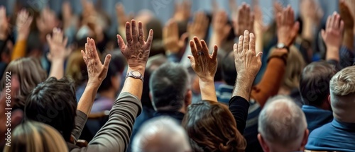 a professional business seminar, a diverse audience raises their hands in an important decision photo