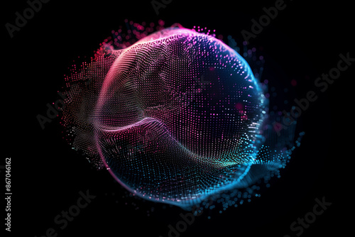 Looped distortion waves on abstract sphere of particles. Digital data splash of spherical point array. Futuristic glitch UI element.