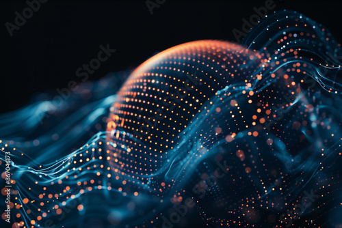 Looped distortion waves on abstract sphere of particles. Digital data splash of spherical point array. Futuristic glitch UI element.