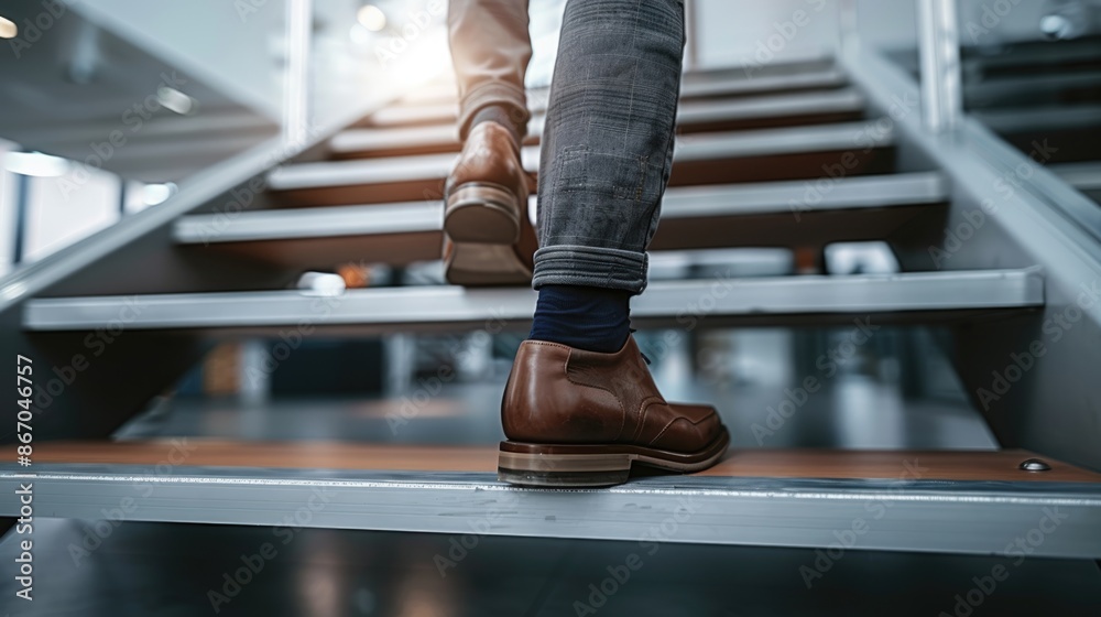 Fototapeta premium Close up young businessman feet sprinting up stairs office middle image