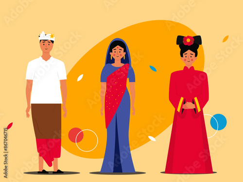 Traditional asian costume. Asian culture vector illustration. 