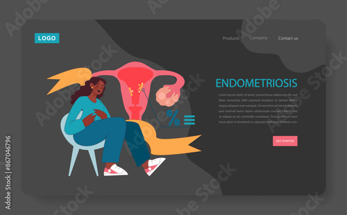 Endometriosis dark or night mode web, landing. Woman with endometriosis