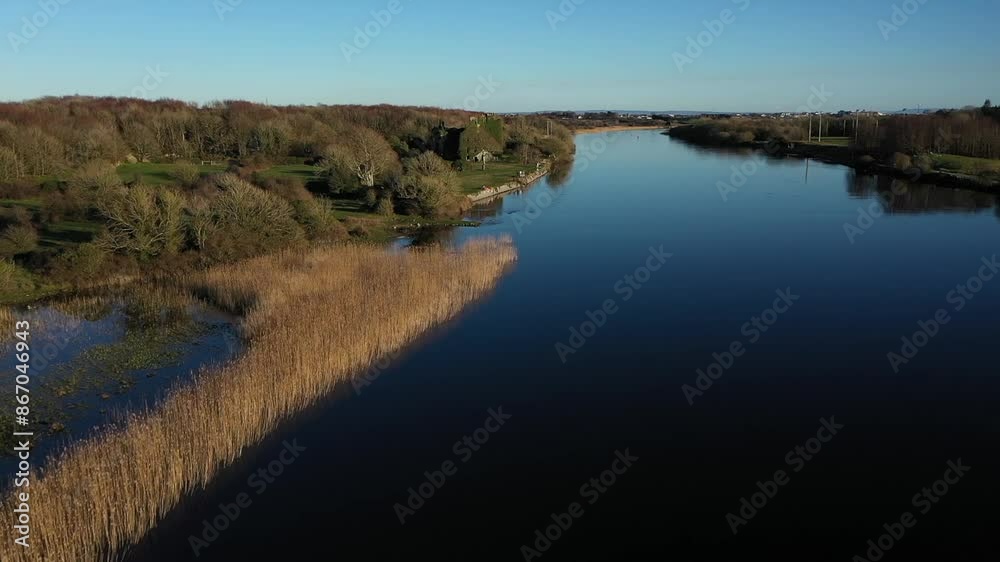 Calm aerial dolly over River Corrib, sunbathers enjoying in Menlo area, Galway. Calm aerial dolly over River Corrib, sunbathers enjoying in Menlo area, Galway.