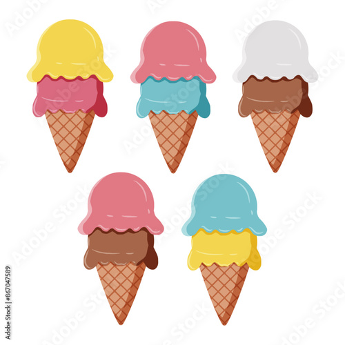 Set of sweet colorful ice cream cone 