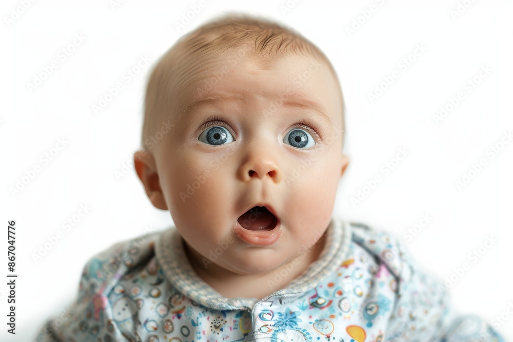 A baby looking astonished, with wide eyes and mouth open in surprise.
A baby looking astonished, with wide eyes and mouth open in surprise.