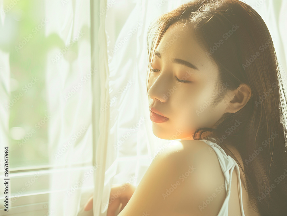 close up portrait of asian woman basking in the soft sunlight