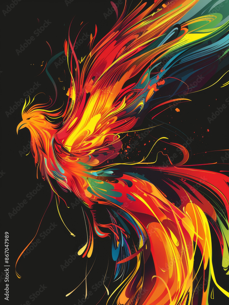 a phoenix rising from the ashes, vibrant flames and dynamic lines
