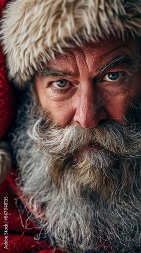 An authentic Santa Claus, sporting a genuine beard and dressed in a red costume, gazes seriously.